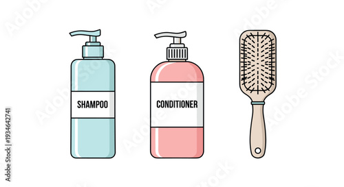 Vector illustration of shampoo conditioner bottles and hairbrush on for beauty and haircare concepts, Generative AI.