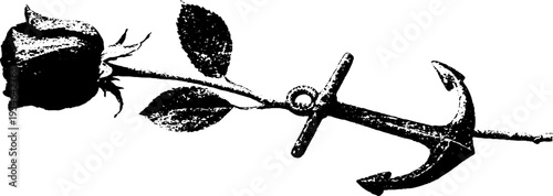 Nautical rose and anchor black and white ink illustration for tattoo and design inspiration