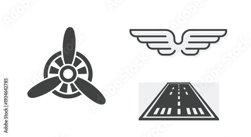 Black and white icons of airplane propeller wings and runway, Generative AI.