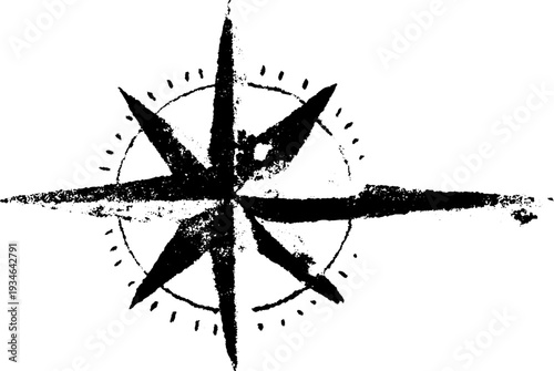 Vintage rose and compass star high contrast black and white ink design for print or poster