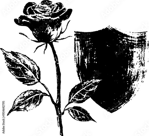 Vintage rose and shield high contrast black and white ink design