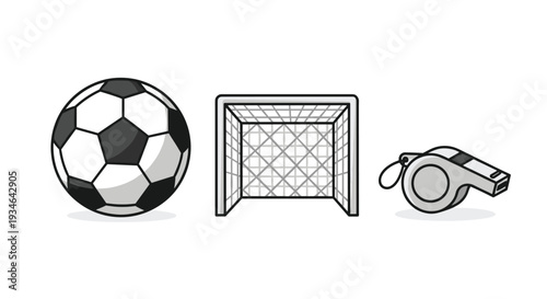 A black and white illustration of a soccer ball goal and referee whistle, Generative AI.