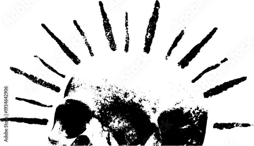 Black and white skull with radiating sun rays ink art for posters