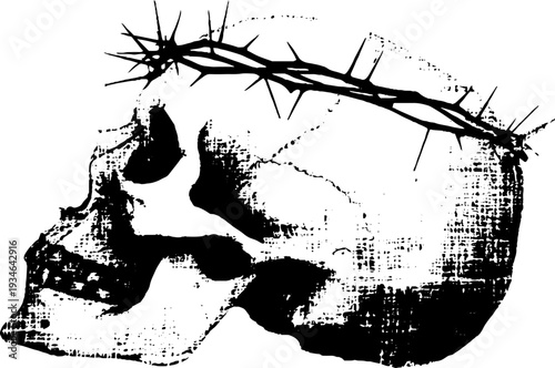 Dramatic skull with crown of thorns in high contrast black and white ink art
