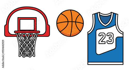 Vector illustration of basketball hoop ball and jersey number 23 on for sports design, Generative AI.