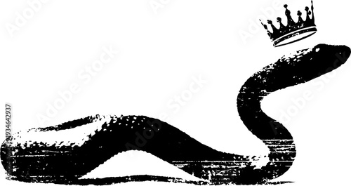 Regal snake with crown in high contrast black and white ink design for artistic projects