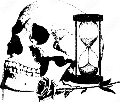 Symbolic contrast with skull, hourglass, and roses in black and white for design