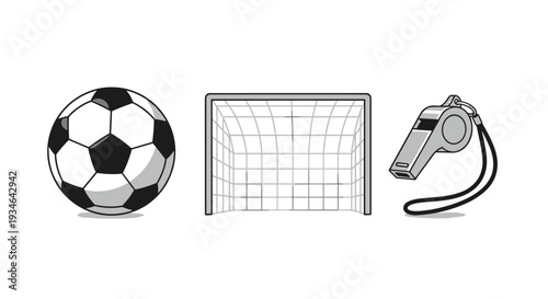 Soccer ball goal net and referee whistle for football game, Generative AI.