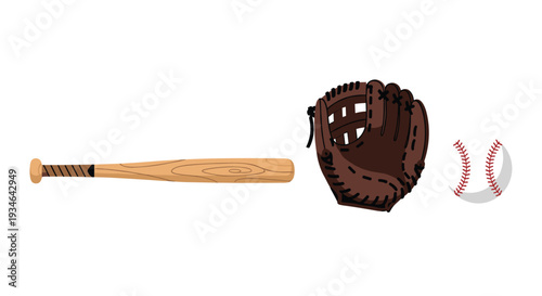 Baseball equipment set including bat glove and ball, Generative AI.