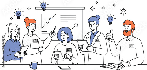 A group of people in lab coats engaged in a lively discussion