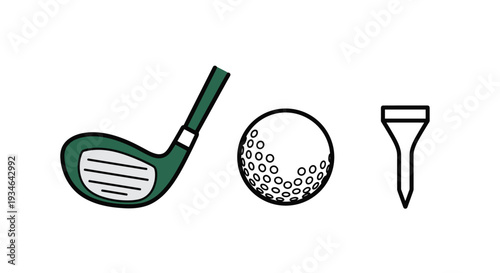 Golf club ball and tee icons in a simple line art style for golfing or sports related designs, Generative AI.