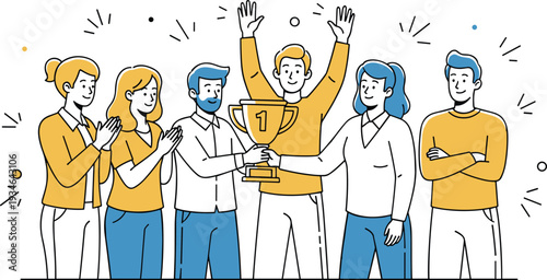 Diverse group of people celebrating with one person holding a trophy