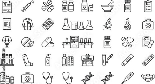 Medical icons, healthcare symbols, pharmaceutical tools, syringe, pills, lab equipment, DNA, microscope, stethoscope, mask, medicine, pharmacy, safety