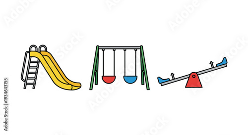 Colorful playground equipment on including a yellow slide swings and seesaw for kids to play, Generative AI.
