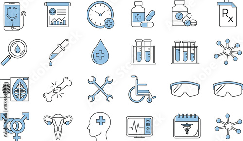 Medical healthcare icon set, hospital equipment symbols, medicine, laboratory, diagnostics, pharmacy, wellness, flat line vector illustration collection