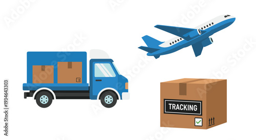 Logistics and transportation concept with truck airplane and parcel on for shipping and delivery themes, Generative AI.