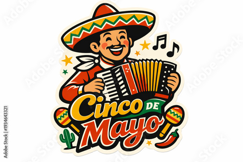 Retro 1950s Style Cinco de Mayo Sticker of a Smiling Musician Playing Accordion in a Festive Parade