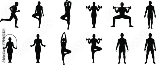 Silhouettes of people exercising in various yoga and fitness poses in black on white background for wellness and health