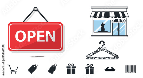 Collection of shopping and retail icons including open sign and hanger, Generative AI.
