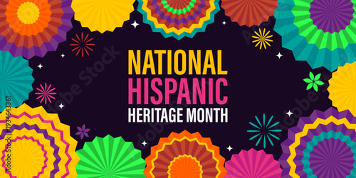 National Hispanic Heritage Month celebration background with colorful paper fans and festive ornaments. Vector illustration