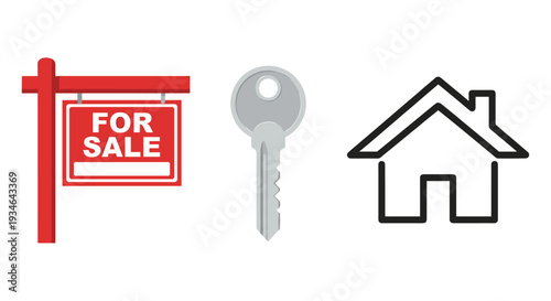 A set of real estate icons including a for sale sign a house outline and a key, Generative AI.
