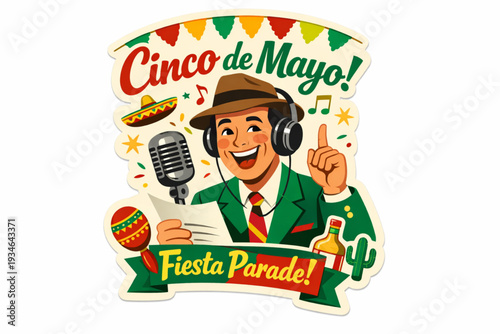 Retro 1950s Style Cinco de Mayo Sticker of a Smiling Parade Announcer with Vintage Microphone and Headphones