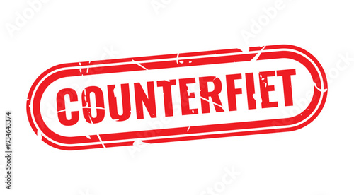 Counterfeit Stamp: The bold red stamp declaring COUNTERFEIT serves as a striking visual alert. The words are printed within a detailed, textured, rectangular frame.