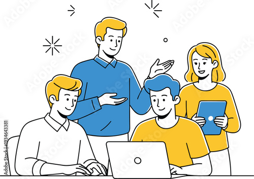 Four people collaborating around a laptop