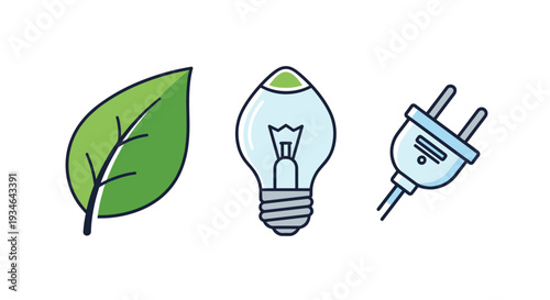 Eco friendly energy saving concept with green leaf light bulb and electric plug on for sustainable living, Generative AI.