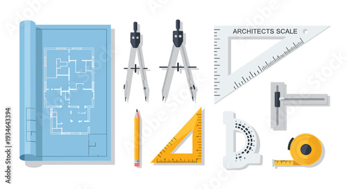 A collection of various drafting and drawing tools on a including a blueprint compasses pencil triangle and other equipment for architects and engineers, Generative AI.