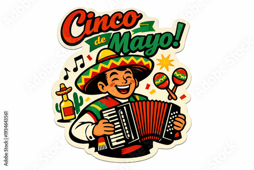 Retro 1950s Style Cinco de Mayo Sticker of a Smiling Musician Playing Accordion in a Festive Parade