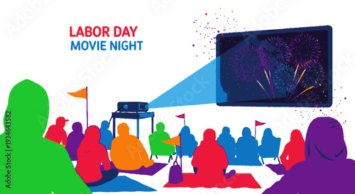 People watch movie on labor day with projector screen and colorful silhouettes
