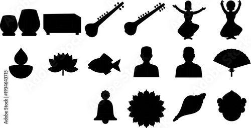 Indian culture and traditional festival icon set with sitar dancer diya lotus temple elements, flat vector illustration