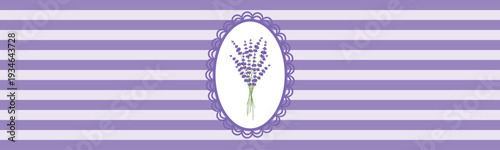 Lavender Botanical Banner with Purple Stripes, French Provence Floral Header with Lacy Oval Frame for Website and Packaging Design