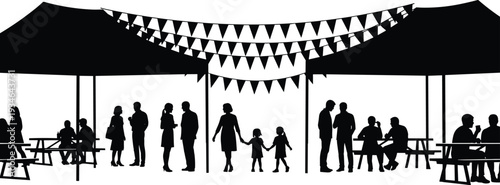 Outdoor festival crowd silhouette vector illustration, people social gathering under canopy with bunting flags isolated on white background