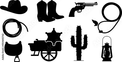 Western cowboy icon set silhouette collection with hat boots revolver cactus wagon lantern rope sheriff badge, flat vector illustration