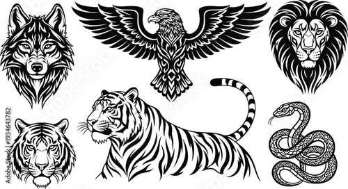 Wild animal tattoo vector set featuring wolf eagle lion tiger snake detailed illustrations, flat vector illustration