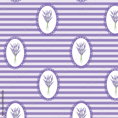 Lavender Bouquet Seamless Pattern with Lacy Frames on Purple Stripes, French Provence Botanical Vector for Wellness and Textile Decor