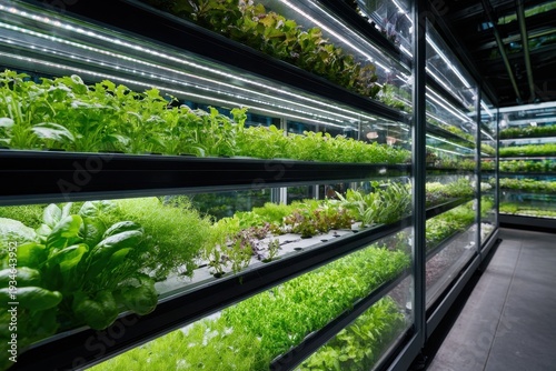 Modern Indoor Farming: Rows of vibrant, leafy greens thrive under the glow of energy-efficient LED lighting, depicting the future of urban agriculture and sustainable food production.