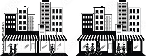 City street scene with shop storefronts and pedestrians walking on sidewalk featuring urban architecture buildings commercial retail district and downtown lifestyle