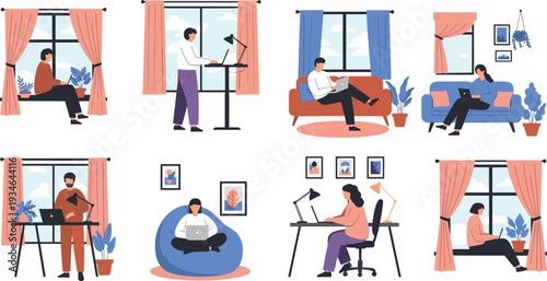 Diverse people working from home on laptops in cozy interiors sitting on sofa bean bag standing desk and window sill