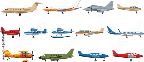 Collection of various airplane illustrations, private jets, commercial airliners, propeller planes, and seaplanes for aviation transport, travel, and flight industry.