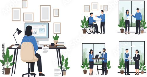 Diverse professional business team working in modern office environment featuring inclusive workspace with wheelchair access, standing desks, and collaborative colleagues.