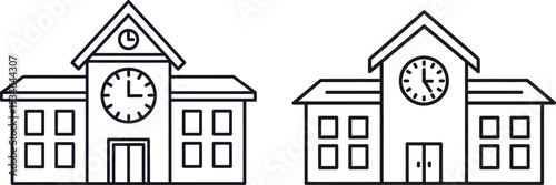 A black and white line drawing of two school buildings with clocks on the front facade