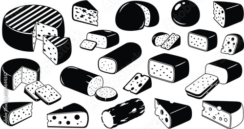 Set of cheese icons with various types like cheddar, gouda, brie, swiss, and parmesan wheels, slices, and blocks in silhouette style.