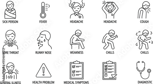 Medical icon set featuring sick person, fever, headache, cough, sore throat, runny nose, weakness, chills, general illness, and diagnostic healthcare