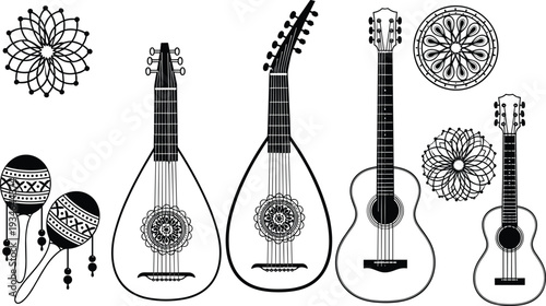 Musical instruments set with acoustic guitars, traditional ouds, maracas, and mandala patterns in black and white silhouette for ethnic design projects.