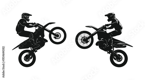 Two riders performing a stunt on motorcycles in mid air