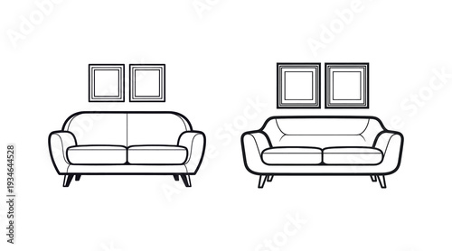 Line drawing of two couches and four window panes in a room setting