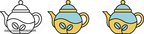 Teapot vector illustration set, cute ceramic tea kettle icons in outline and color isolated on white background